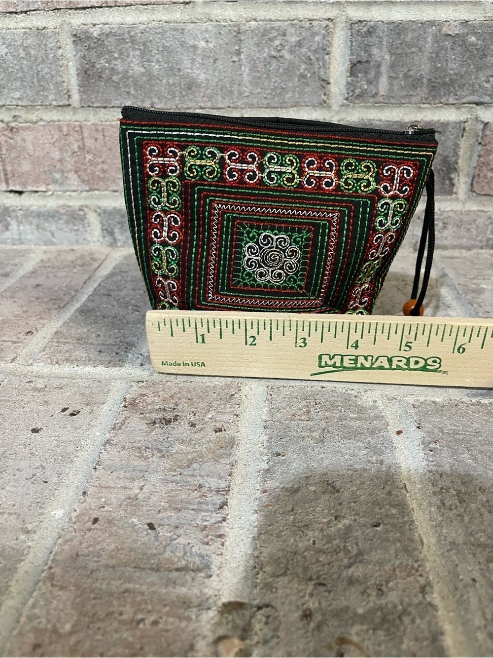 Hand-Embroidered Black Cosmetic Pouch with Green & Red Accents - Picture 5 of 9